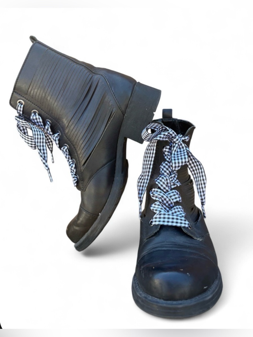 Sam Edelman circus Black Lace-Up Combat Boots with Ginghamlaces